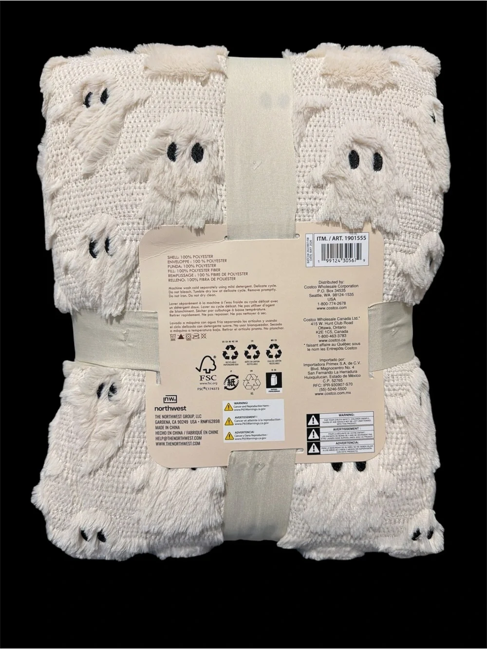 Northwest White & Black Embroidered Faux Fur Throw Blanket